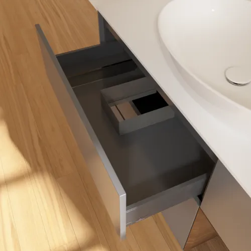 Bild von VILLEROY BOCH Finion Waschbeckenunterschrank, mit Beleuchtung, 3 Auszüge, 1200 x 603 x 501 mm, Anthracite Matt Lacquer / Walnut Veneer / Glass White Matt #F951GNGK