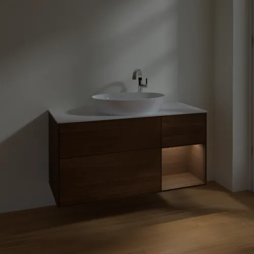 Bild von VILLEROY BOCH Finion Waschbeckenunterschrank, mit Beleuchtung, 3 Auszüge, 1200 x 603 x 501 mm, Walnut Veneer / Walnut Veneer / Glass White Matt #F951GNGN