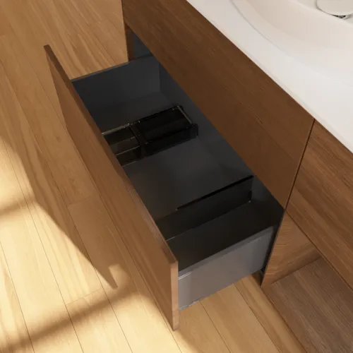 Bild von VILLEROY BOCH Finion Waschbeckenunterschrank, mit Beleuchtung, 3 Auszüge, 1200 x 603 x 501 mm, Walnut Veneer / Walnut Veneer / Glass White Matt #F951GNGN
