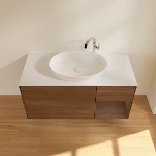 Bild von VILLEROY BOCH Finion Waschbeckenunterschrank, mit Beleuchtung, 3 Auszüge, 1200 x 603 x 501 mm, Walnut Veneer / Walnut Veneer / Glass White Matt #F951GNGN