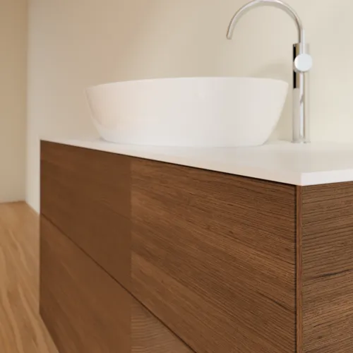 Bild von VILLEROY BOCH Finion Waschbeckenunterschrank, mit Beleuchtung, 3 Auszüge, 1200 x 603 x 501 mm, Walnut Veneer / Walnut Veneer / Glass White Matt #F951GNGN