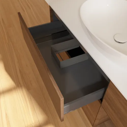 Bild von VILLEROY BOCH Finion Waschbeckenunterschrank, mit Beleuchtung, 3 Auszüge, 1200 x 603 x 501 mm, Walnut Veneer / Walnut Veneer / Glass White Matt #F951GNGN