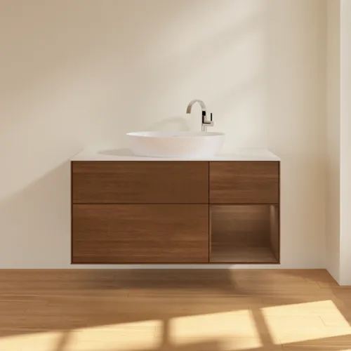 Bild von VILLEROY BOCH Finion Waschbeckenunterschrank, mit Beleuchtung, 3 Auszüge, 1200 x 603 x 501 mm, Walnut Veneer / Walnut Veneer / Glass White Matt #F951GNGN