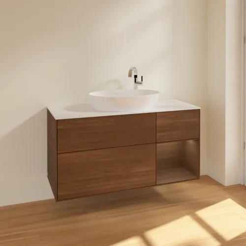 Bild von VILLEROY BOCH Finion Waschbeckenunterschrank, mit Beleuchtung, 3 Auszüge, 1200 x 603 x 501 mm, Walnut Veneer / Walnut Veneer / Glass White Matt #F951GNGN