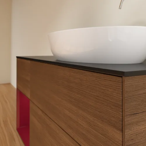 Bild von VILLEROY BOCH Finion Waschbeckenunterschrank, mit Beleuchtung, 3 Auszüge, 1200 x 603 x 501 mm, Walnut Veneer / Peony Matt Lacquer / Glass Black Matt #F922HBGN