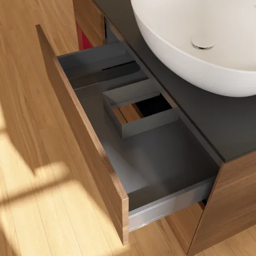 Bild von VILLEROY BOCH Finion Waschbeckenunterschrank, mit Beleuchtung, 3 Auszüge, 1200 x 603 x 501 mm, Walnut Veneer / Peony Matt Lacquer / Glass Black Matt #F922HBGN