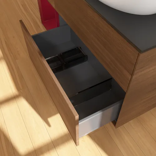 Bild von VILLEROY BOCH Finion Waschbeckenunterschrank, mit Beleuchtung, 3 Auszüge, 1200 x 603 x 501 mm, Walnut Veneer / Peony Matt Lacquer / Glass Black Matt #F922HBGN