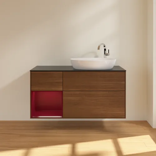 Bild von VILLEROY BOCH Finion Waschbeckenunterschrank, mit Beleuchtung, 3 Auszüge, 1200 x 603 x 501 mm, Walnut Veneer / Peony Matt Lacquer / Glass Black Matt #F922HBGN