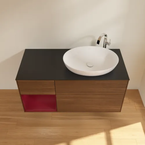 Bild von VILLEROY BOCH Finion Waschbeckenunterschrank, mit Beleuchtung, 3 Auszüge, 1200 x 603 x 501 mm, Walnut Veneer / Peony Matt Lacquer / Glass Black Matt #F922HBGN