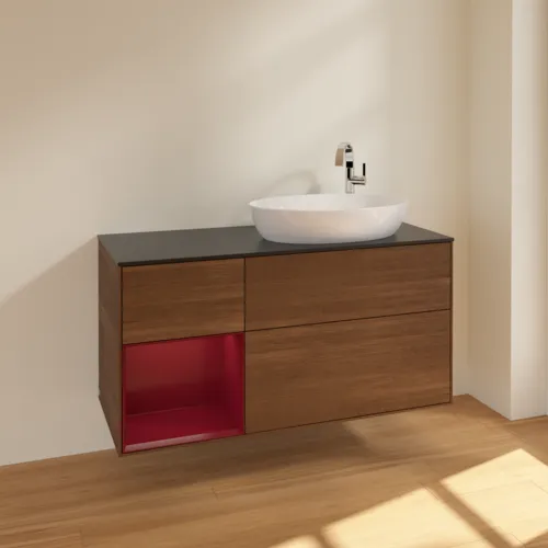 Bild von VILLEROY BOCH Finion Waschbeckenunterschrank, mit Beleuchtung, 3 Auszüge, 1200 x 603 x 501 mm, Walnut Veneer / Peony Matt Lacquer / Glass Black Matt #F922HBGN
