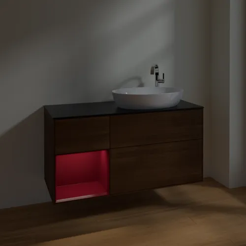 Bild von VILLEROY BOCH Finion Waschbeckenunterschrank, mit Beleuchtung, 3 Auszüge, 1200 x 603 x 501 mm, Walnut Veneer / Peony Matt Lacquer / Glass Black Matt #F922HBGN