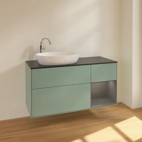 Bild von VILLEROY BOCH Finion Waschbeckenunterschrank, mit Beleuchtung, 3 Auszüge, 1200 x 603 x 501 mm, Olive Matt Lacquer / Anthracite Matt Lacquer / Glass Black Matt #F932GKGM