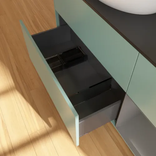 Bild von VILLEROY BOCH Finion Waschbeckenunterschrank, mit Beleuchtung, 3 Auszüge, 1200 x 603 x 501 mm, Olive Matt Lacquer / Anthracite Matt Lacquer / Glass Black Matt #F932GKGM