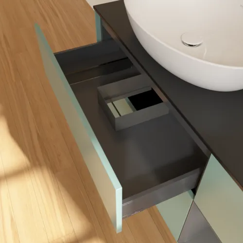 Bild von VILLEROY BOCH Finion Waschbeckenunterschrank, mit Beleuchtung, 3 Auszüge, 1200 x 603 x 501 mm, Olive Matt Lacquer / Anthracite Matt Lacquer / Glass Black Matt #F932GKGM