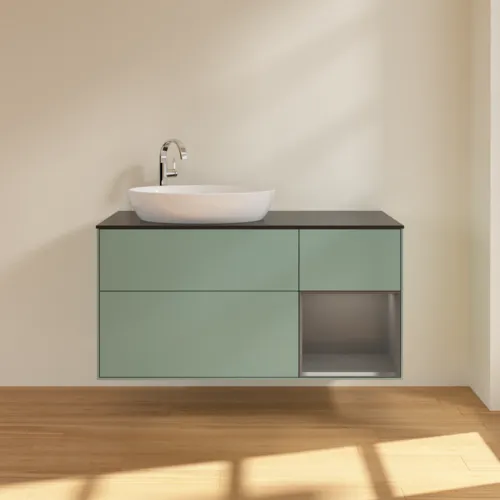 Bild von VILLEROY BOCH Finion Waschbeckenunterschrank, mit Beleuchtung, 3 Auszüge, 1200 x 603 x 501 mm, Olive Matt Lacquer / Anthracite Matt Lacquer / Glass Black Matt #F932GKGM