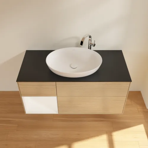 Bild von VILLEROY BOCH Finion Waschbeckenunterschrank, mit Beleuchtung, 3 Auszüge, 1200 x 603 x 501 mm, Oak Veneer / White Matt Lacquer / Glass Black Matt #F942MTPC
