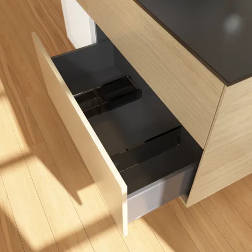 Bild von VILLEROY BOCH Finion Waschbeckenunterschrank, mit Beleuchtung, 3 Auszüge, 1200 x 603 x 501 mm, Oak Veneer / White Matt Lacquer / Glass Black Matt #F942MTPC