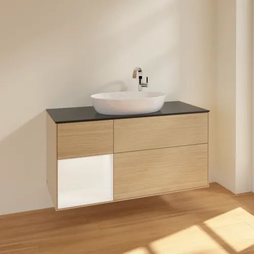 Bild von VILLEROY BOCH Finion Waschbeckenunterschrank, mit Beleuchtung, 3 Auszüge, 1200 x 603 x 501 mm, Oak Veneer / White Matt Lacquer / Glass Black Matt #F942MTPC