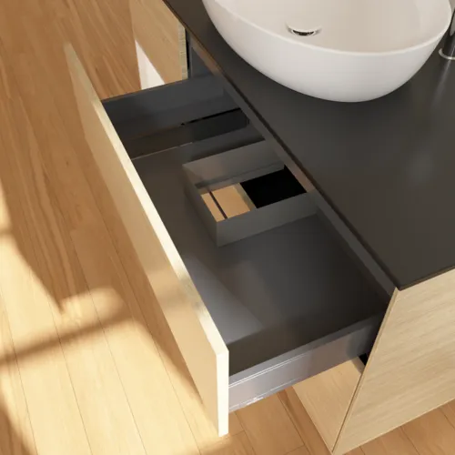 Bild von VILLEROY BOCH Finion Waschbeckenunterschrank, mit Beleuchtung, 3 Auszüge, 1200 x 603 x 501 mm, Oak Veneer / White Matt Lacquer / Glass Black Matt #F942MTPC