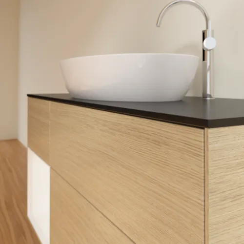 Bild von VILLEROY BOCH Finion Waschbeckenunterschrank, mit Beleuchtung, 3 Auszüge, 1200 x 603 x 501 mm, Oak Veneer / White Matt Lacquer / Glass Black Matt #F942MTPC