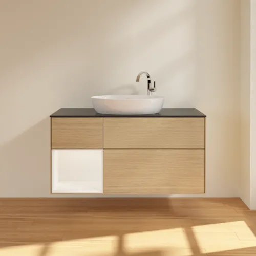 Bild von VILLEROY BOCH Finion Waschbeckenunterschrank, mit Beleuchtung, 3 Auszüge, 1200 x 603 x 501 mm, Oak Veneer / White Matt Lacquer / Glass Black Matt #F942MTPC