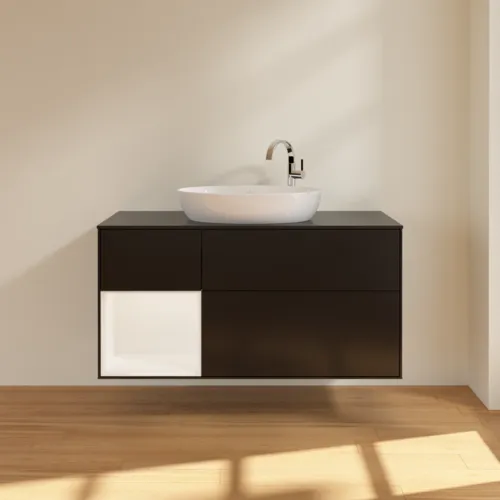 Bild von VILLEROY BOCH Finion Waschbeckenunterschrank, mit Beleuchtung, 3 Auszüge, 1200 x 603 x 501 mm, Black Matt Lacquer / White Matt Lacquer / Glass Black Matt #F942MTPD