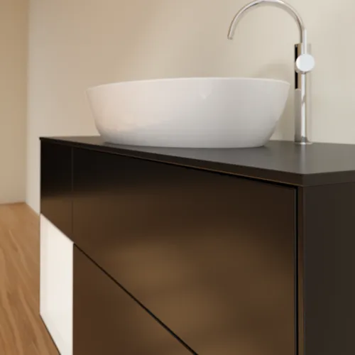 Bild von VILLEROY BOCH Finion Waschbeckenunterschrank, mit Beleuchtung, 3 Auszüge, 1200 x 603 x 501 mm, Black Matt Lacquer / White Matt Lacquer / Glass Black Matt #F942MTPD