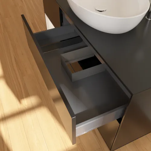 Bild von VILLEROY BOCH Finion Waschbeckenunterschrank, mit Beleuchtung, 3 Auszüge, 1200 x 603 x 501 mm, Black Matt Lacquer / White Matt Lacquer / Glass Black Matt #F942MTPD