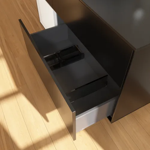 Bild von VILLEROY BOCH Finion Waschbeckenunterschrank, mit Beleuchtung, 3 Auszüge, 1200 x 603 x 501 mm, Black Matt Lacquer / White Matt Lacquer / Glass Black Matt #F942MTPD