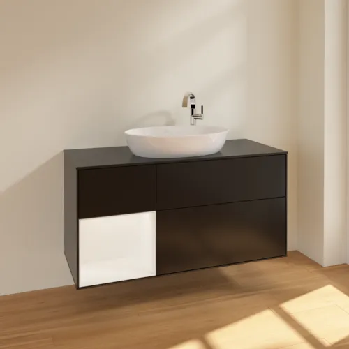 Bild von VILLEROY BOCH Finion Waschbeckenunterschrank, mit Beleuchtung, 3 Auszüge, 1200 x 603 x 501 mm, Black Matt Lacquer / White Matt Lacquer / Glass Black Matt #F942MTPD