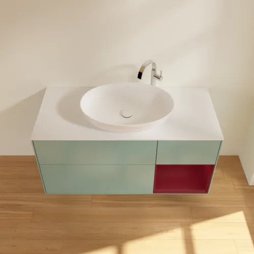 Bild von VILLEROY BOCH Finion Waschbeckenunterschrank, mit Beleuchtung, 3 Auszüge, 1200 x 603 x 501 mm, Olive Matt Lacquer / Peony Matt Lacquer / Glass White Matt #F951HBGM