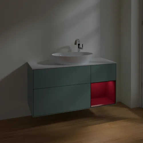 Bild von VILLEROY BOCH Finion Waschbeckenunterschrank, mit Beleuchtung, 3 Auszüge, 1200 x 603 x 501 mm, Olive Matt Lacquer / Peony Matt Lacquer / Glass White Matt #F951HBGM