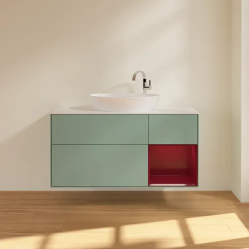 Bild von VILLEROY BOCH Finion Waschbeckenunterschrank, mit Beleuchtung, 3 Auszüge, 1200 x 603 x 501 mm, Olive Matt Lacquer / Peony Matt Lacquer / Glass White Matt #F951HBGM