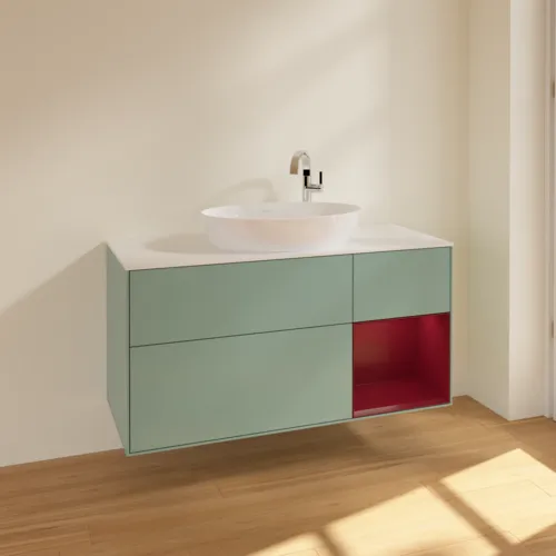 Bild von VILLEROY BOCH Finion Waschbeckenunterschrank, mit Beleuchtung, 3 Auszüge, 1200 x 603 x 501 mm, Olive Matt Lacquer / Peony Matt Lacquer / Glass White Matt #F951HBGM