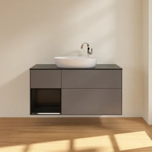 VILLEROY BOCH Finion Waschbeckenunterschrank, mit Beleuchtung, 3 Auszüge, 1200 x 603 x 501 mm, Anthracite Matt Lacquer / Black Matt Lacquer / Glass Black Matt #F942PDGK, Bild 3