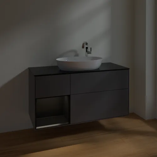 VILLEROY BOCH Finion Waschbeckenunterschrank, mit Beleuchtung, 3 Auszüge, 1200 x 603 x 501 mm, Anthracite Matt Lacquer / Black Matt Lacquer / Glass Black Matt #F942PDGK, Bild 5