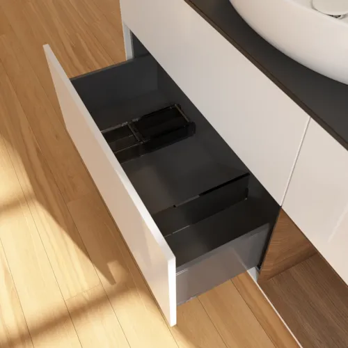 Bild von VILLEROY BOCH Finion Waschbeckenunterschrank, mit Beleuchtung, 3 Auszüge, 1200 x 603 x 501 mm, Glossy White Lacquer / Walnut Veneer / Glass Black Matt #F952GNGF