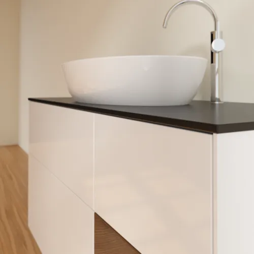 Bild von VILLEROY BOCH Finion Waschbeckenunterschrank, mit Beleuchtung, 3 Auszüge, 1200 x 603 x 501 mm, Glossy White Lacquer / Walnut Veneer / Glass Black Matt #F952GNGF