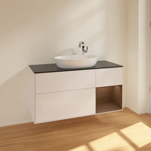 Bild von VILLEROY BOCH Finion Waschbeckenunterschrank, mit Beleuchtung, 3 Auszüge, 1200 x 603 x 501 mm, Glossy White Lacquer / Walnut Veneer / Glass Black Matt #F952GNGF