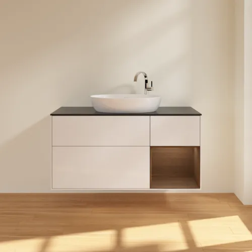 Bild von VILLEROY BOCH Finion Waschbeckenunterschrank, mit Beleuchtung, 3 Auszüge, 1200 x 603 x 501 mm, Glossy White Lacquer / Walnut Veneer / Glass Black Matt #F952GNGF