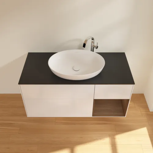 Bild von VILLEROY BOCH Finion Waschbeckenunterschrank, mit Beleuchtung, 3 Auszüge, 1200 x 603 x 501 mm, Glossy White Lacquer / Walnut Veneer / Glass Black Matt #F952GNGF