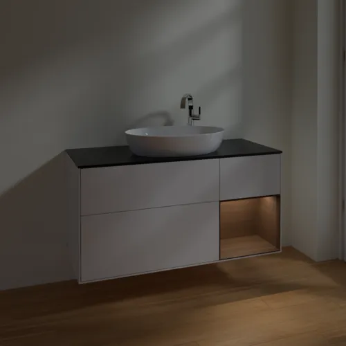 Bild von VILLEROY BOCH Finion Waschbeckenunterschrank, mit Beleuchtung, 3 Auszüge, 1200 x 603 x 501 mm, Glossy White Lacquer / Walnut Veneer / Glass Black Matt #F952GNGF