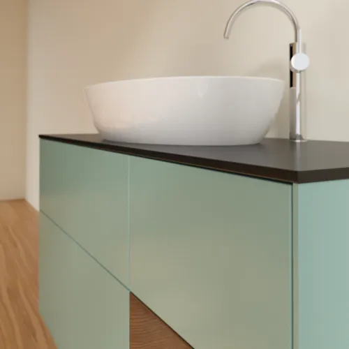 Bild von VILLEROY BOCH Finion Waschbeckenunterschrank, mit Beleuchtung, 3 Auszüge, 1200 x 603 x 501 mm, Olive Matt Lacquer / Walnut Veneer / Glass Black Matt #F952GNGM