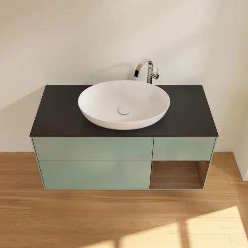 Bild von VILLEROY BOCH Finion Waschbeckenunterschrank, mit Beleuchtung, 3 Auszüge, 1200 x 603 x 501 mm, Olive Matt Lacquer / Walnut Veneer / Glass Black Matt #F952GNGM