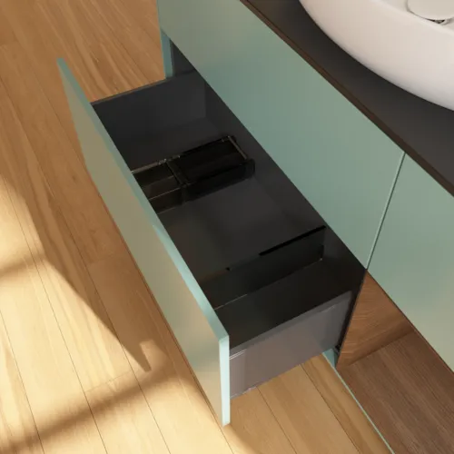 Bild von VILLEROY BOCH Finion Waschbeckenunterschrank, mit Beleuchtung, 3 Auszüge, 1200 x 603 x 501 mm, Olive Matt Lacquer / Walnut Veneer / Glass Black Matt #F952GNGM