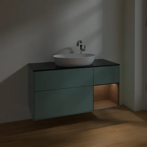 Bild von VILLEROY BOCH Finion Waschbeckenunterschrank, mit Beleuchtung, 3 Auszüge, 1200 x 603 x 501 mm, Olive Matt Lacquer / Walnut Veneer / Glass Black Matt #F952GNGM