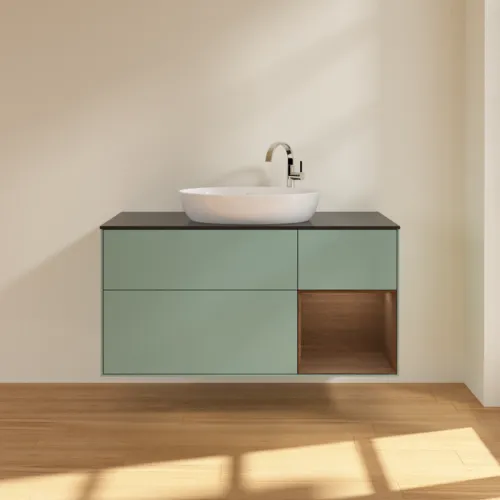 Bild von VILLEROY BOCH Finion Waschbeckenunterschrank, mit Beleuchtung, 3 Auszüge, 1200 x 603 x 501 mm, Olive Matt Lacquer / Walnut Veneer / Glass Black Matt #F952GNGM