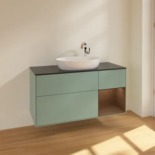 Bild von VILLEROY BOCH Finion Waschbeckenunterschrank, mit Beleuchtung, 3 Auszüge, 1200 x 603 x 501 mm, Olive Matt Lacquer / Walnut Veneer / Glass Black Matt #F952GNGM