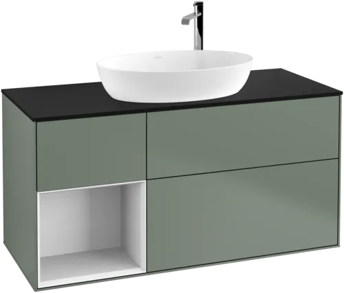 Зображення з  VILLEROY BOCH Finion Vanity unit, with lighting, 3 pull-out compartments, 1200 x 603 x 501 mm, Olive Matt Lacquer / Glossy White Lacquer / Glass Black Matt #F942GFGM