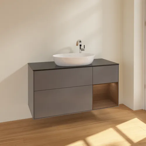 Obrázek VILLEROY BOCH Finion Vanity unit, with lighting, 3 pull-out compartments, 1200 x 603 x 501 mm, Anthracite Matt Lacquer / Walnut Veneer / Glass Black Matt #F952GNGK